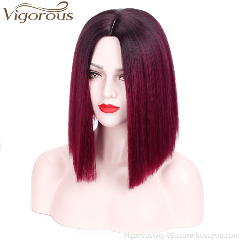 Black Ombre Wine red Synthetic no lace Wig For black Women Short Straight Bob Wigs High Temperature Fiber Middle Part